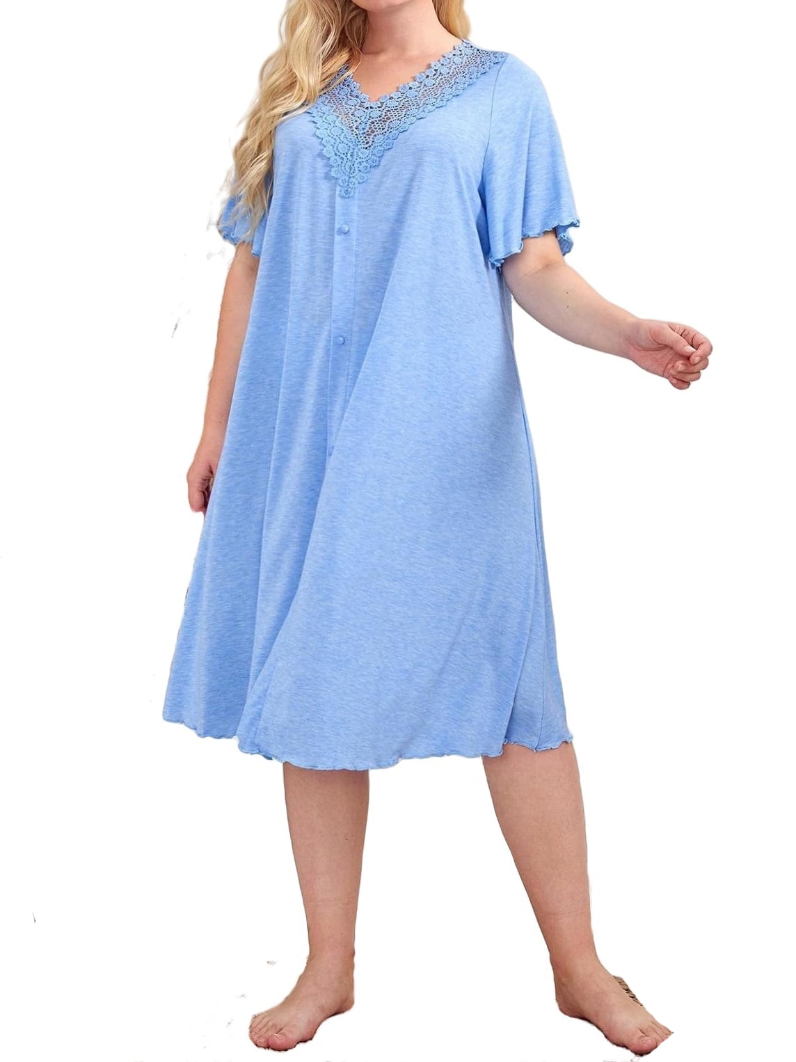 Elegant V neck Sleepshirts Short Sleeve Baby Blue Plus Size Nightgowns