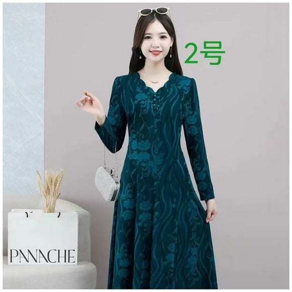 Elegant V-neck Women‘s Dress: Slimming Long Sleeve Autumn Dress for Middle-Aged and Elderly Mothers with Pockets tzw