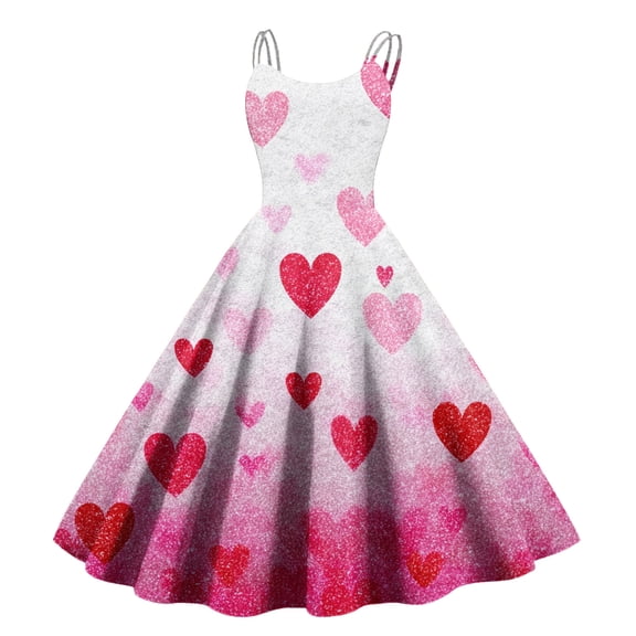 Elegant Valentines Dress for Women Sleeveless Round Neck A-Line Heart Print Party Dresses Light pink L