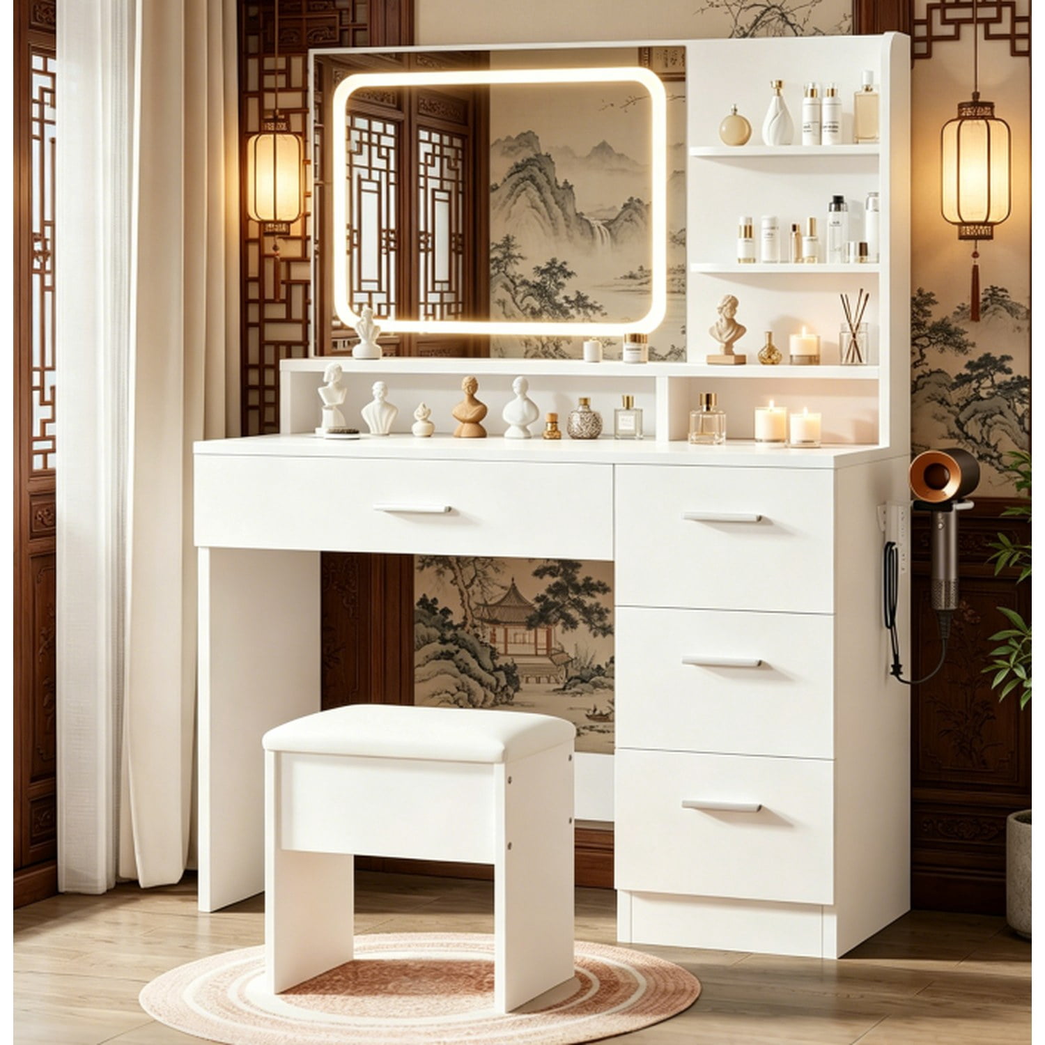 Elegant Vanity Includes Lighted Mirror And Storage Drawers; White Makeup Table For Women; Suitable For Various Settings Including Bedrooms, Living Rooms, And Dorms
