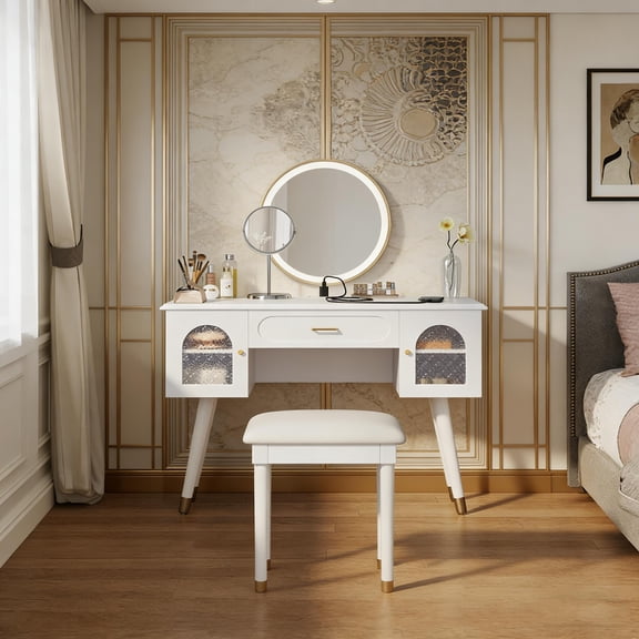Elegant Vanity Makeup Table & Chair Set, Modern Dressing Table with Organizer, Writing Desk and Charging Port, White Finish, Complete Makeup Station with Storage and Convenient Charging