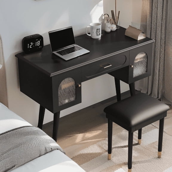 Elegant Vanity Makeup Table & Chair Set, Modern Dressing Table with Organizer, Writing Desk, Charging Port, Black