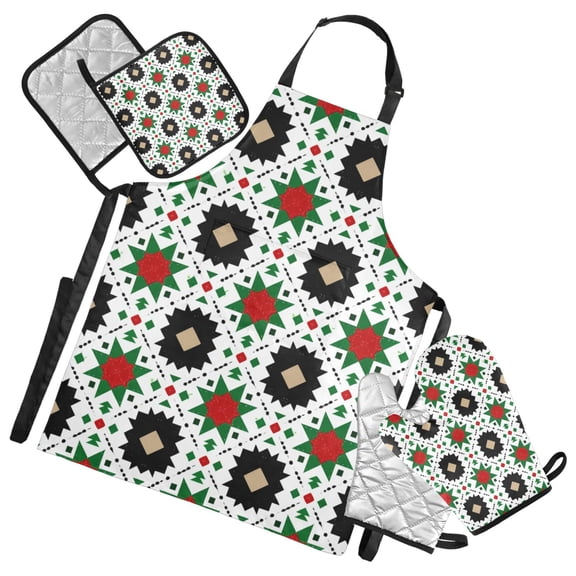 Elegant Vectors Pattern in Christmas Color Apron Set with Oven Mitts Pot Holders Set of 5 Kitchen Stuff Accessories