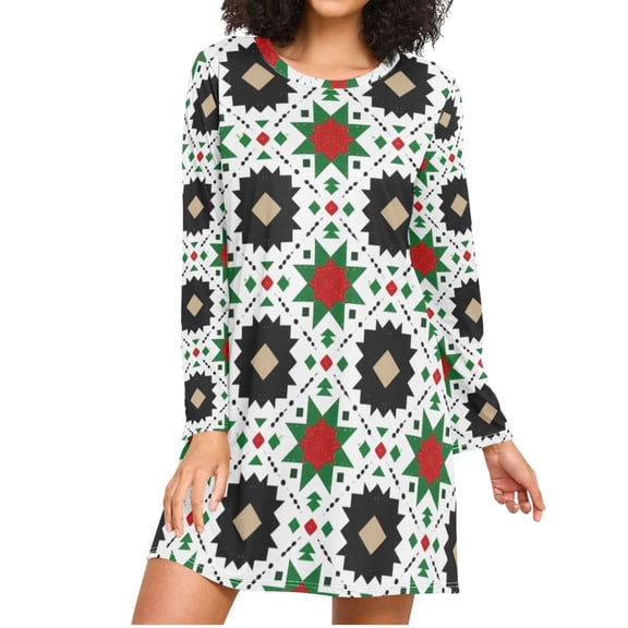 Elegant Vectors Pattern in Christmas Color Women's Long Sleeves Nightgowns Sleepwear Soft Pajama A-line Sleep Dress L