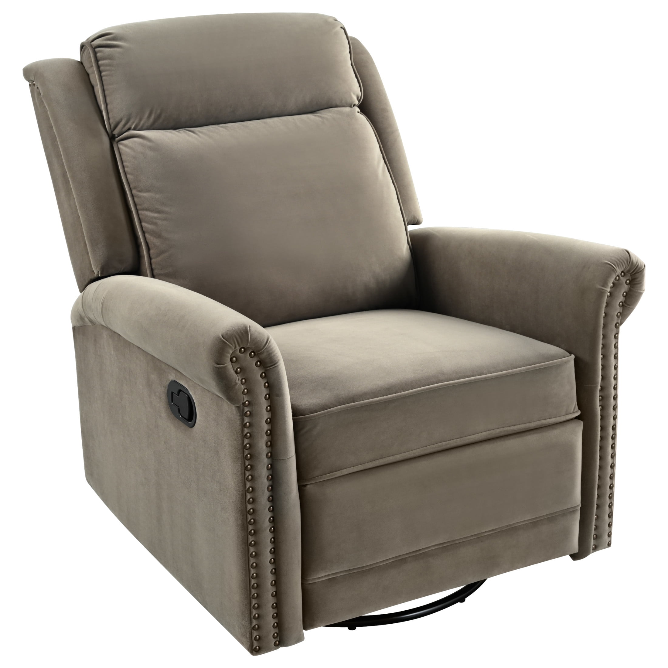 Elegant Velvet 360° Swivel Recliner with Nailhead Accents and Adjustable Design, Light Brown