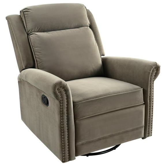 Elegant Velvet 360 Swivel Recliner with Nailhead Accents and Adjustable Design, Light Brown