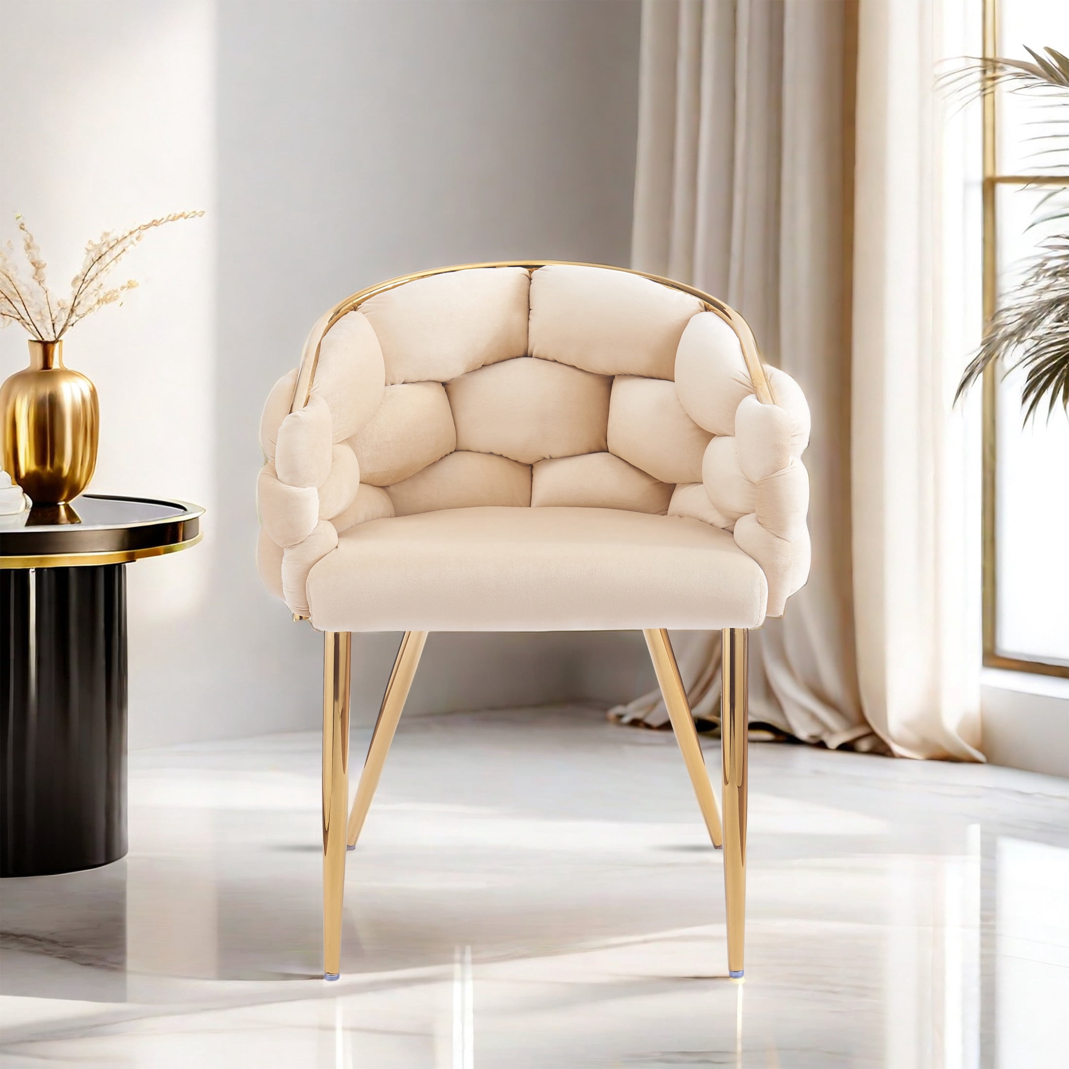 Elegant Velvet Accent Armchair with Gold Legs & Full Back Support, Beige
