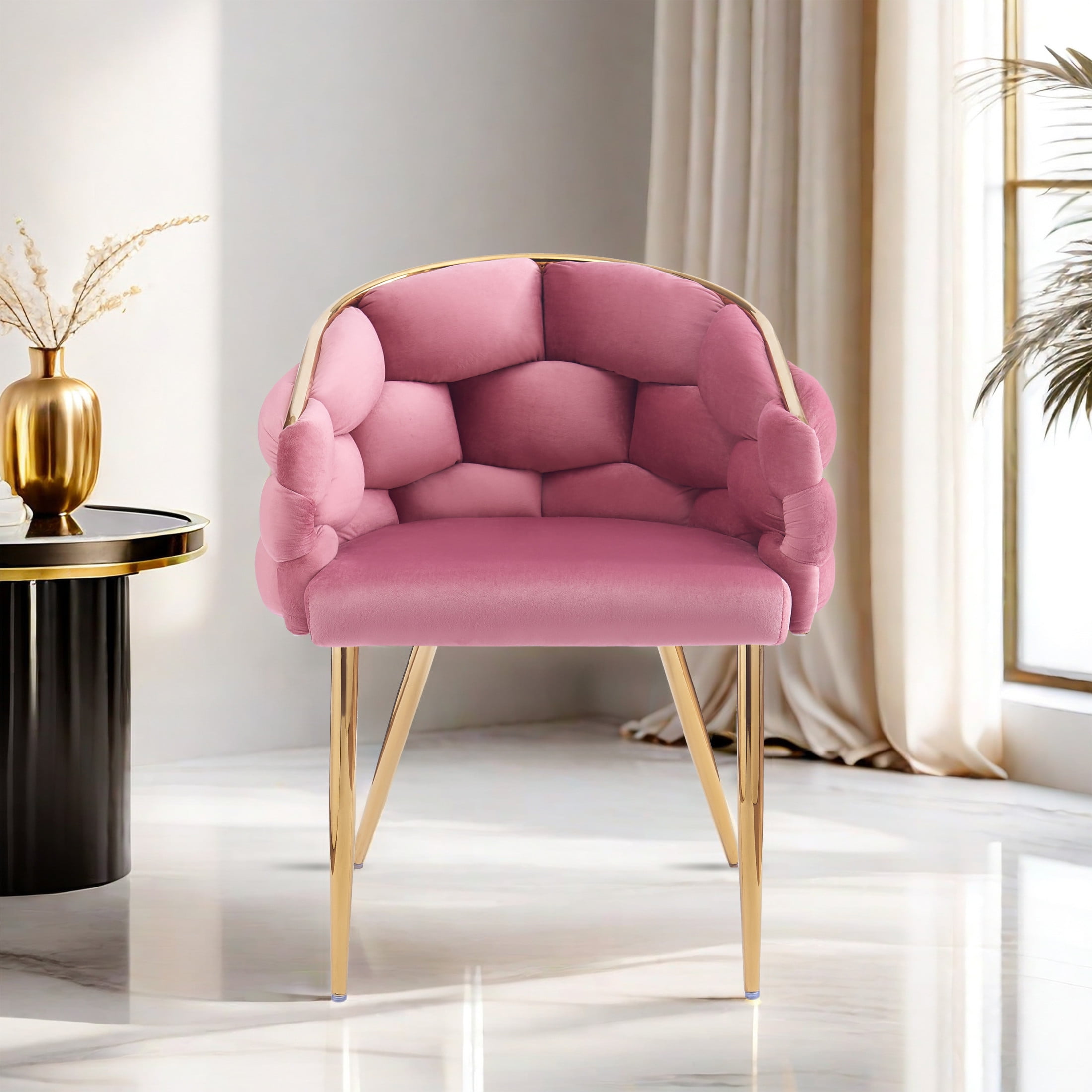 Elegant Velvet Accent Armchair with Gold Legs & Full Back Support, Pink