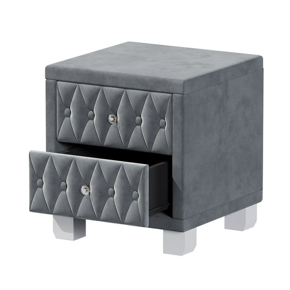 Elegant Velvet Nightstand with 2 Drawers and Crystal Handle, Storage Bedside Table with Button-Tufted, Grey
