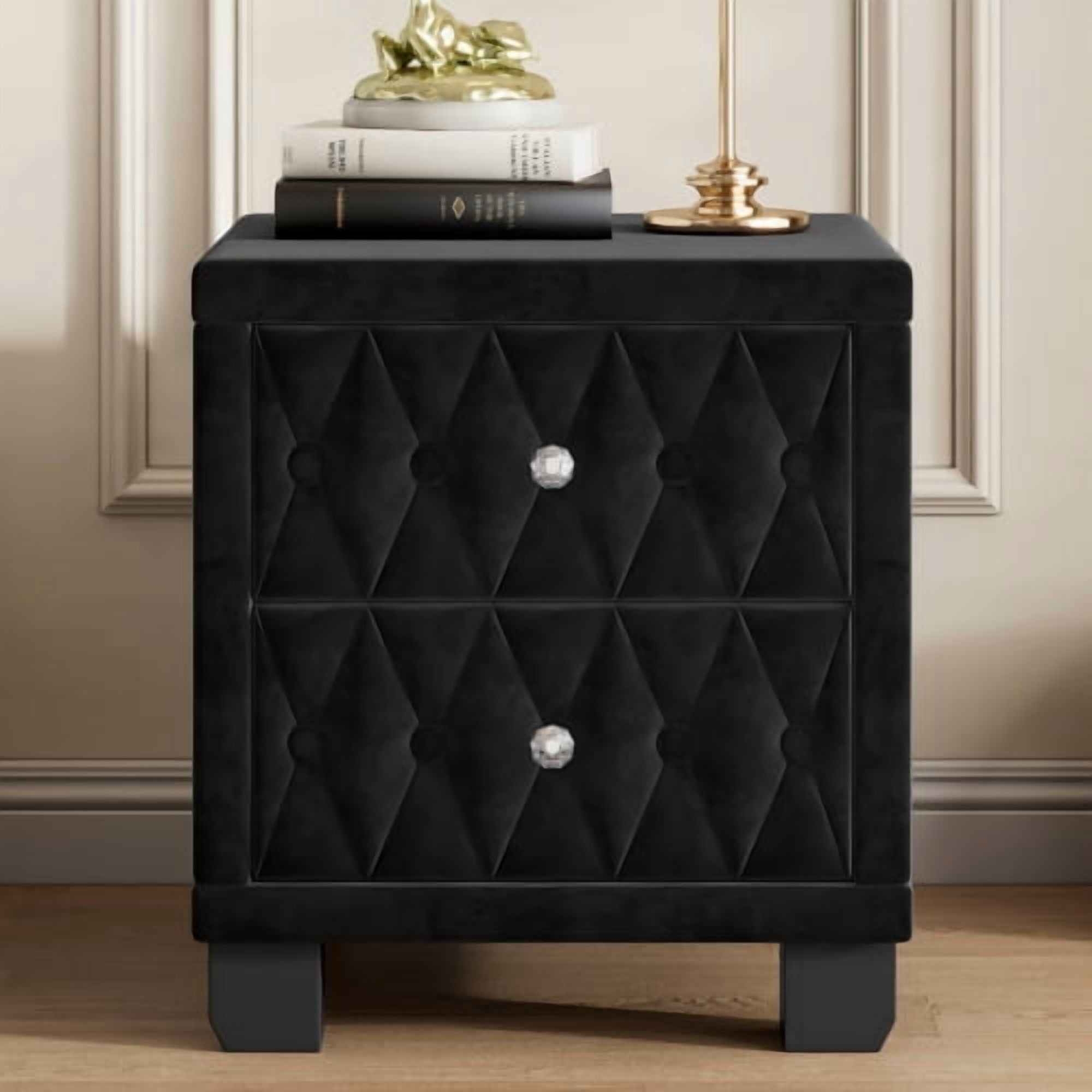 Elegant Velvet Nightstand with 2 Drawers and Crystal Knobs, Button-Tufted Storage Bedside Table, Black