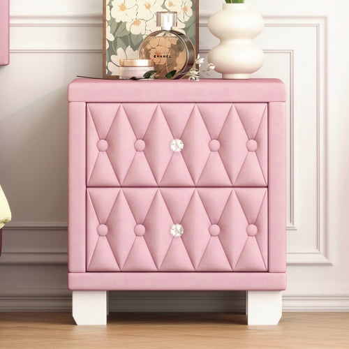 Elegant Velvet Nightstand with 2 Drawers and Crystal Knobs, Button-Tufted Storage Bedside Table, Pink