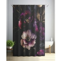 Elegant Velvet Peony and Dark Leaves Shower Curtain - Realistic magenta, pink, purple, white and green floral pattern on black background, polyester with 12 hooks for stylish bathroom decor,