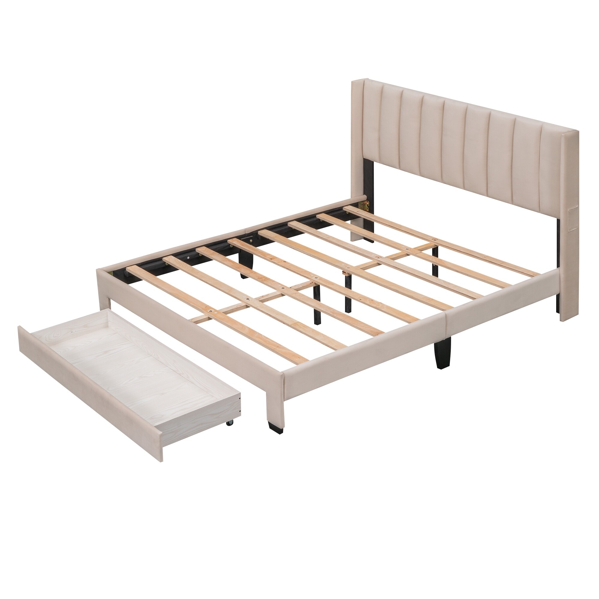 Elegant Velvet Upholstered Storage Platform Bed with A Big Drawer Beige ...
