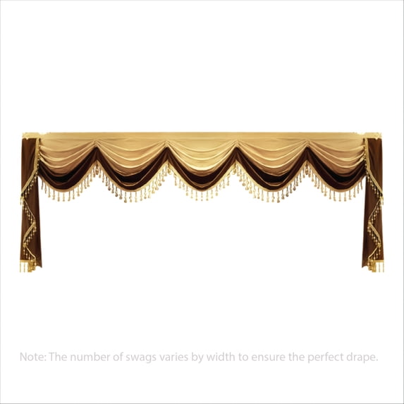 Elegant Velvet Waterfall Valance with Bead Tassels, 1-Piece, Rod Pocket & Velcro Install Decorative Top Header, Coffee & Gold
