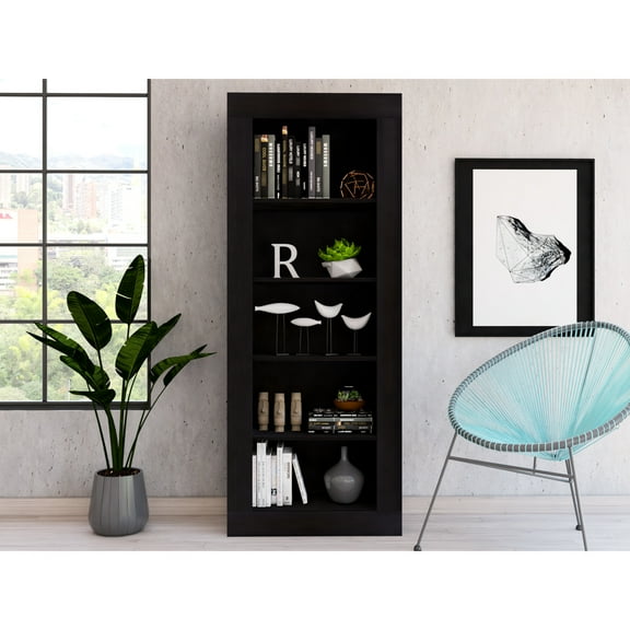 Elegant Vertical Bookcase In Black With 5 Shelves For Storage & Display Wide Home And Office Use