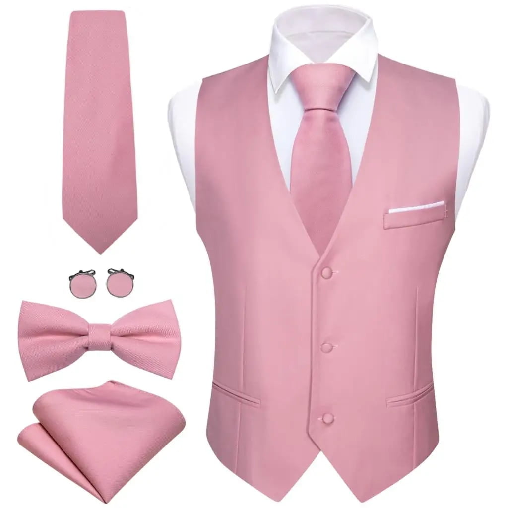 Elegant Vest for Men Pink Solid Satin Waistcoat Tie Bowtie Hanky Set Sleeveless Jacket Wedding