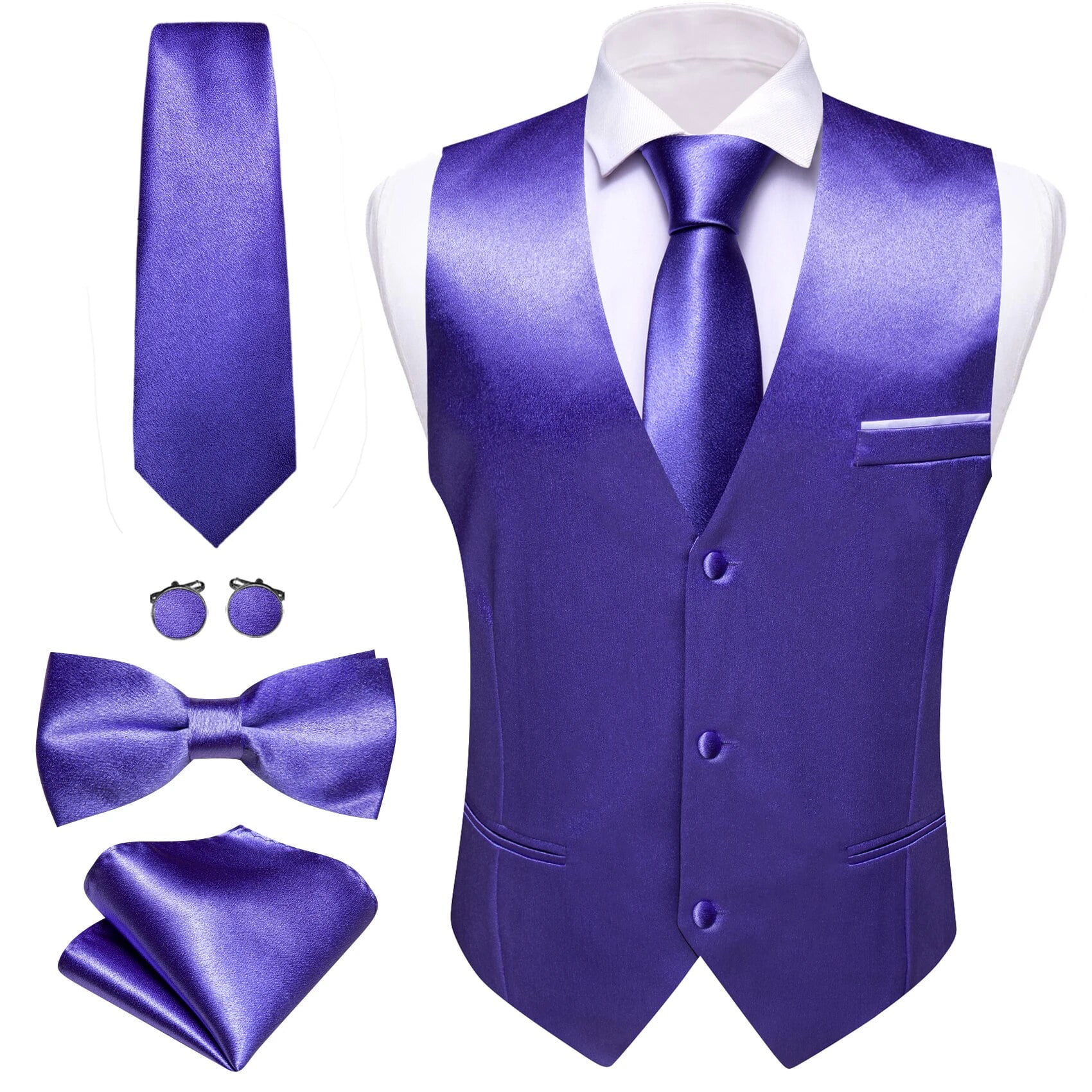 Elegant Vest for Men Pink Solid Satin Waistcoat Tie Bowtie Hanky Set Sleeveless Jacket Wedding