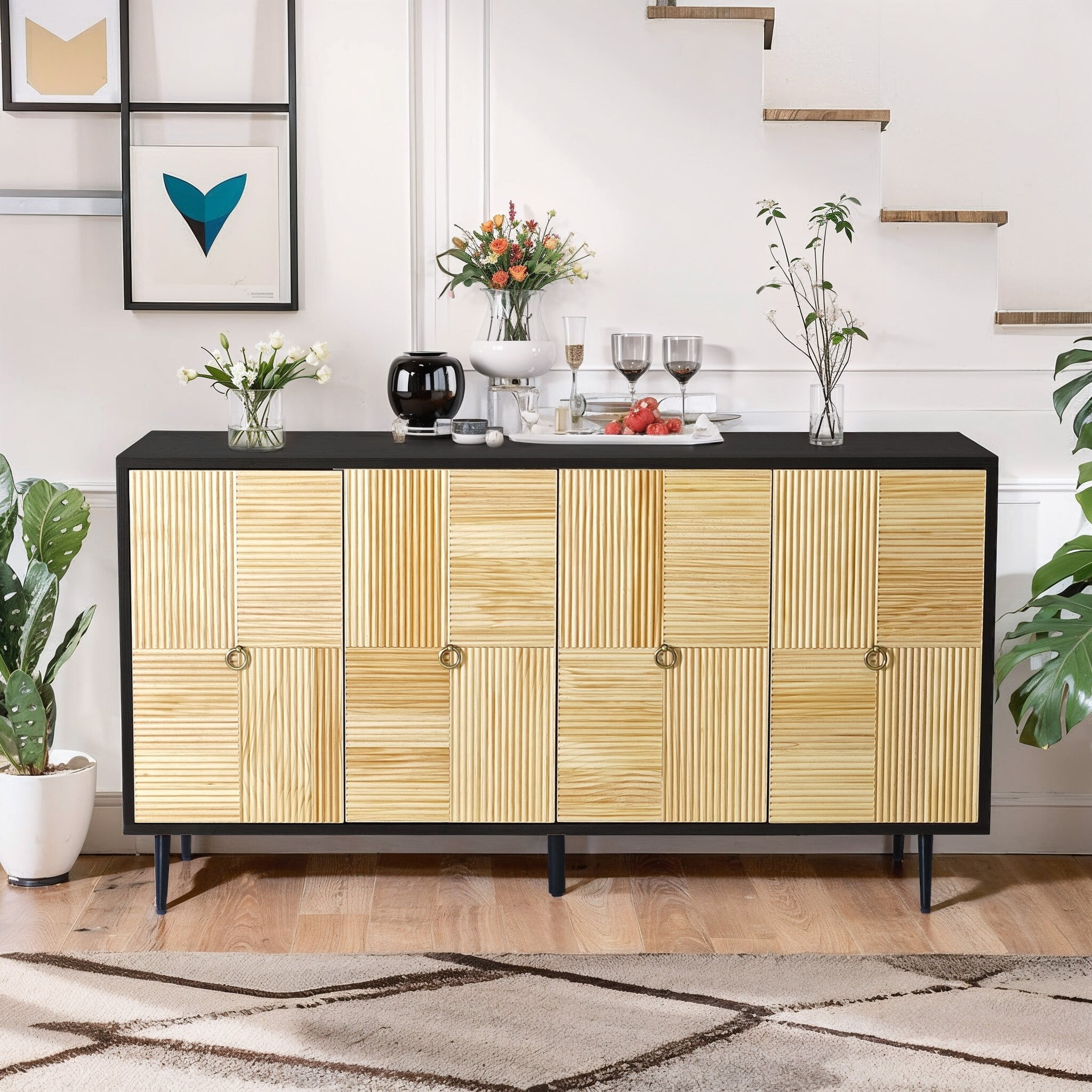 Black and Natural Pine Wood 4-Door Lockable Cabinet