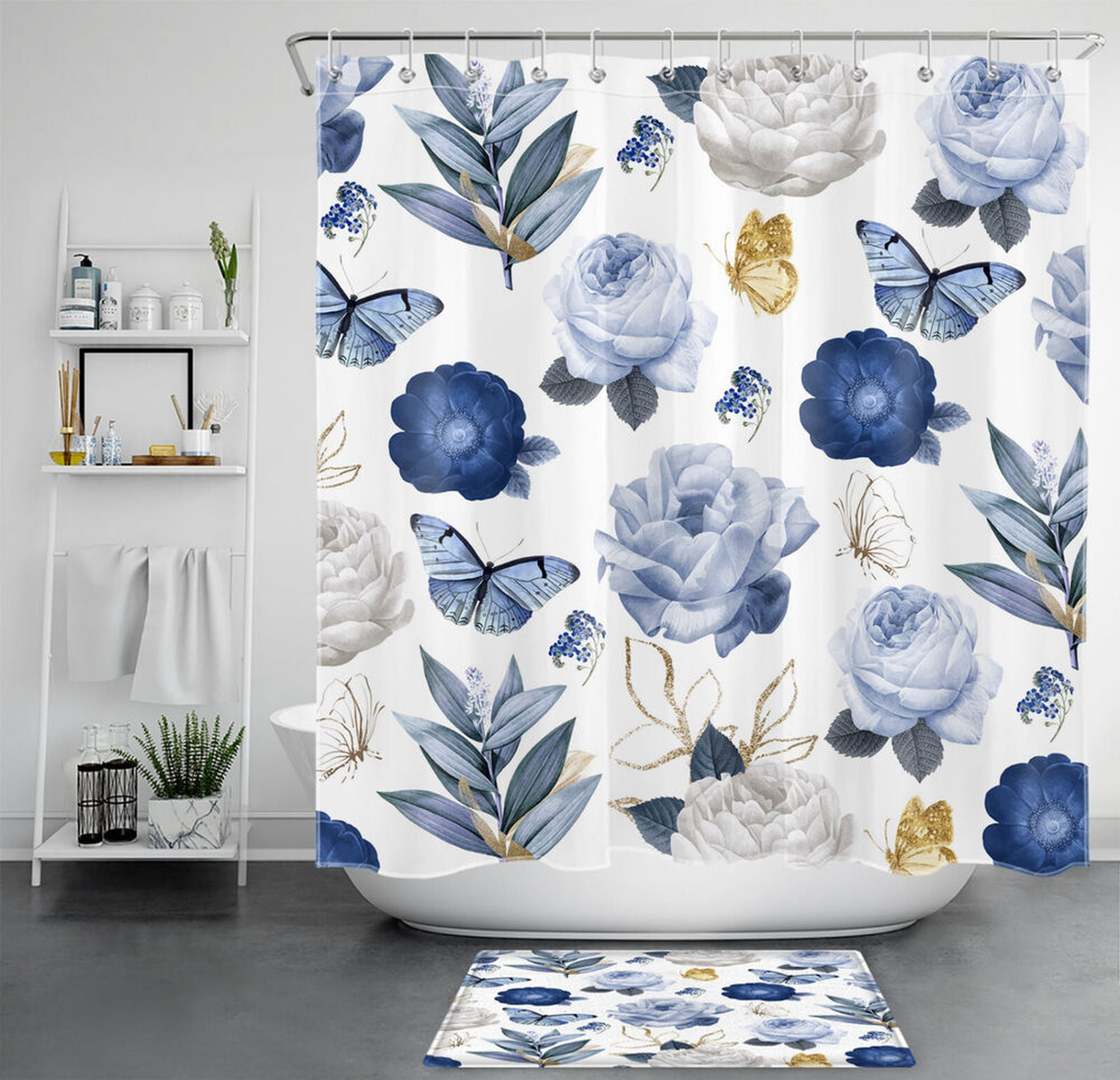 Elegant Vintage Blue Floral Shower Curtain with Gold Butterfly