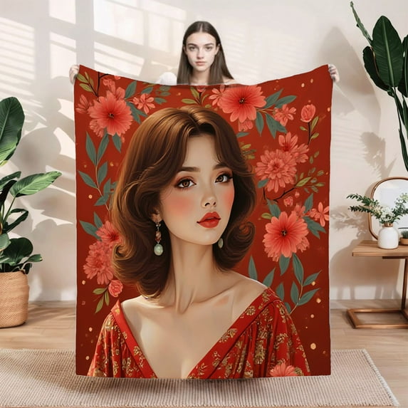 Elegant Vintage Floral Design Flannel Blanket - Soft Cozy Durable for Sofa Travel Bed and Chair - Warmth & Style Combined
