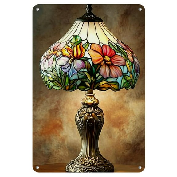 Elegant Vintage Floral Glass Table Lamp with Metal Sign - 8x12" Wall Art, Warm Beige & Brown Tones, Perfect for Home, Bedroom, Cafe, Bar Decor - Classic Style, Easy to Hang