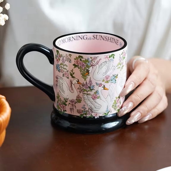 Elegant Vintage Floral Swan Mug with Lid - Portable Brew Cup for Tea and Water Separation