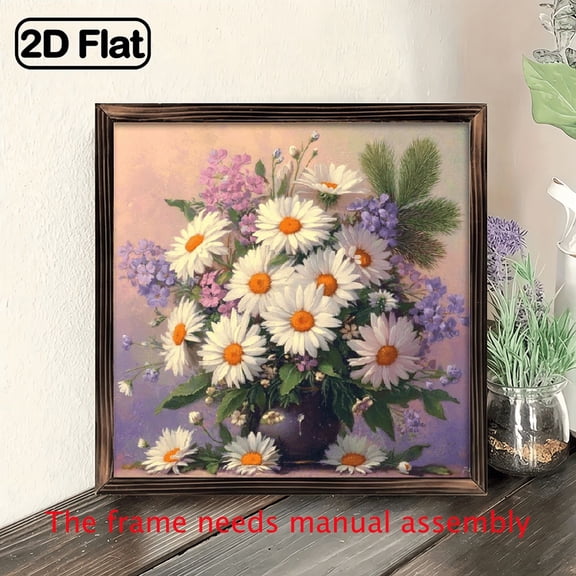 Elegant Vintage Floral Wall Art Painting - Wood Horizontal Panel with Daisies Multicolor Blooms in Soft Pastel Hues, Rustic Vase Design - Hand-Painted Style Home Decor for Living Room, Bedroom