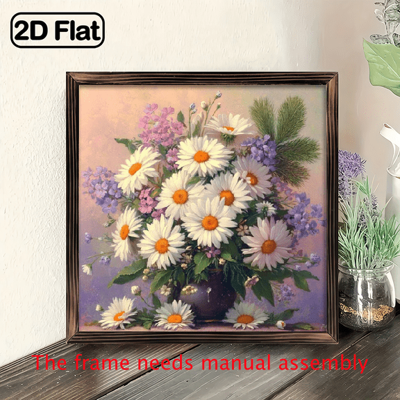 Elegant Vintage Floral Wall Art Painting - Wood Horizontal Panel with Daisies Multicolor Blooms in Soft Pastel Hues, Rustic Vase Design - Hand-Painted Style Home Decor for Living Room, Bedroom