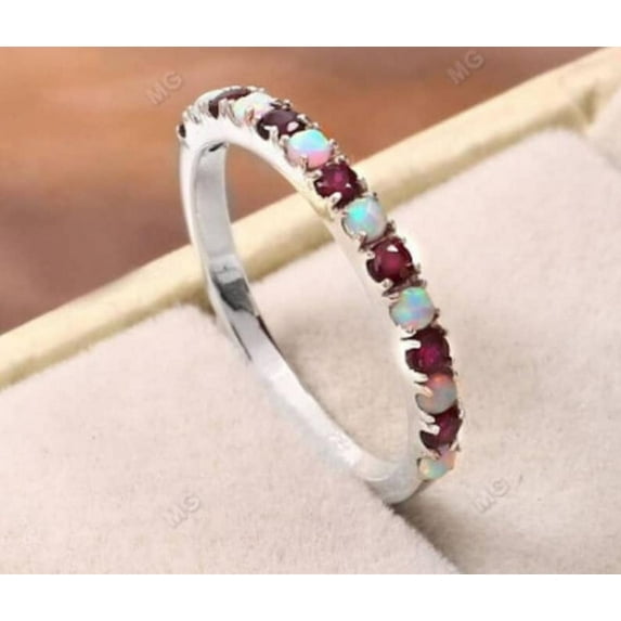 Elegant Vintage Opal & Garnet 2.50mm Eternity Wedding Ring, Stunning Anniversary Stacking Band, Timeless Women's Opal Gift for Special Occasions Gold Plated-10