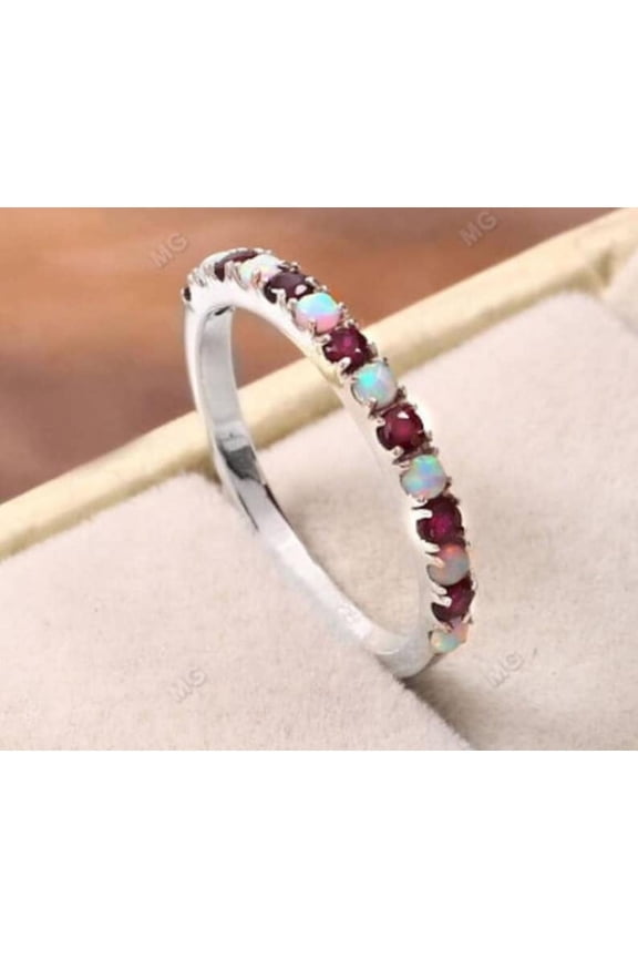 Elegant Vintage Opal & Garnet 2.50mm Eternity Wedding Ring, Stunning Anniversary Stacking Band, Timeless Women's Opal Gift for Special Occasions Silver-8