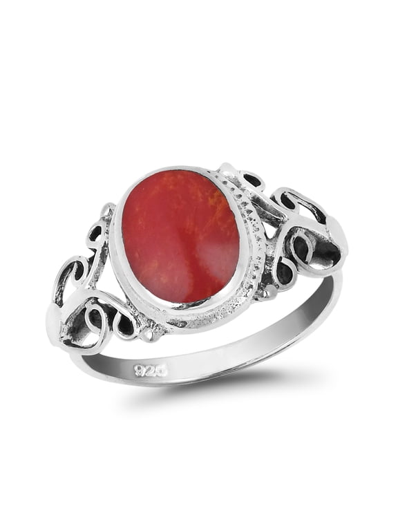 Elegant Vintage Oval Shaped Red Coral on .925 Sterling Silver Ring - 7