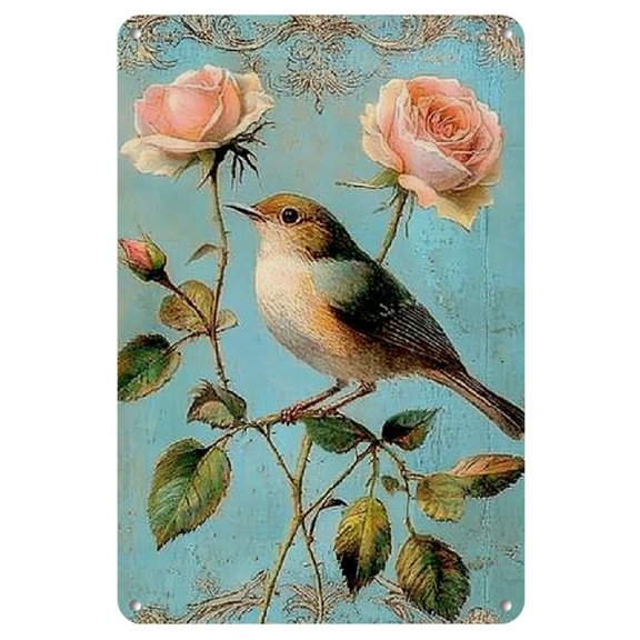 Elegant Vintage Rose &amp; Bird Iron Wall Art, 8x12 Inch - Rustic Metal Decor Plaque with Ornate Border for Home, Bedroom, Dining Room, Bar, Cafe, Chic Frameless Design with Soft Pastel Colors