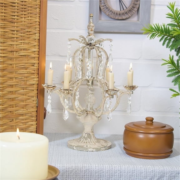 Elegant Vintage Six-Arm Candle Holder, Antique White Finish with Crystal Decor, Classic Home Decor, 1pc