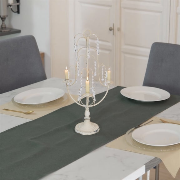 Elegant Vintage Three-Arm Candle Holder, France Style White Candle Holder with Crystal Decor, Tabletop Candelabra, 1pc