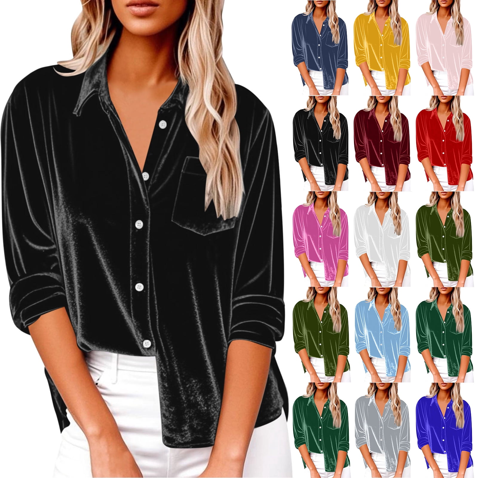 Elegant Vintage Velvet Tops for Women Long Sleeve V Neck Collared ...