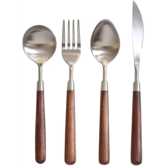 Elegant Vintage Walnut Wood Handle Silverware Set - Premium Stainless Steel Flatware for Home Dining (4-Piece Set)