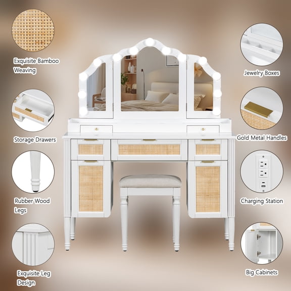 Elegant Vintage White Dresser with 13 LED Bulbs, Tri-Fold Mirror & Charging Station