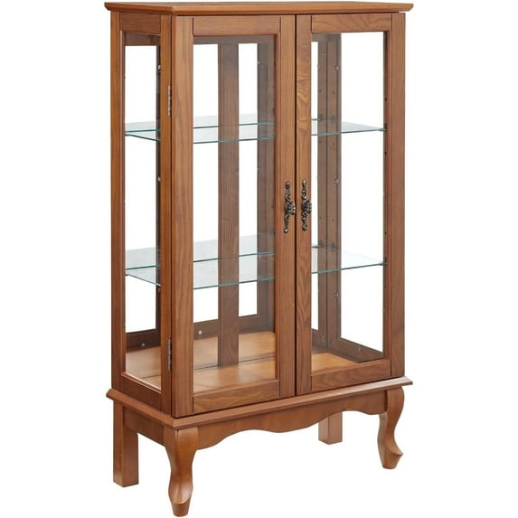 Elegant Vintage Wooden Display Cabinet with Glass Shelves and Doors, 3-Tier Illuminated Curio Storage Cabinet for Living Room, Oak