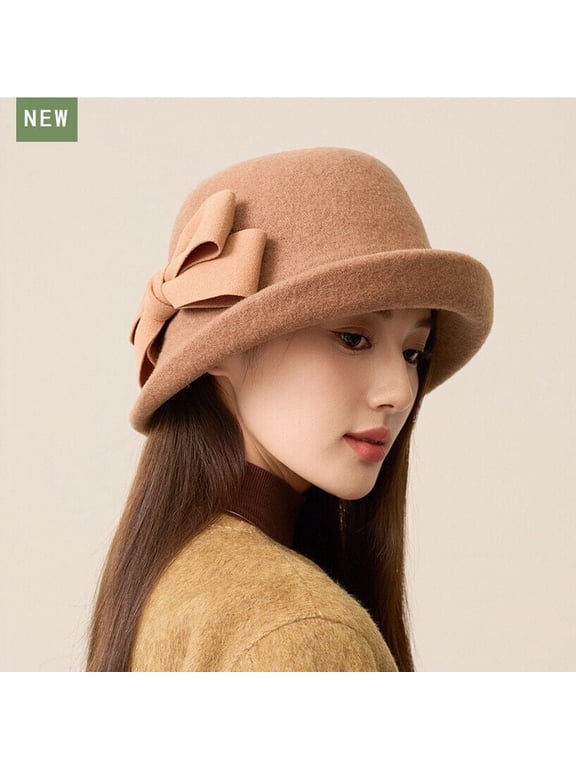 Elegant Vintage Wool Cloche Hat Women Wide Brim Felt Bucket Hat with Bow Accent