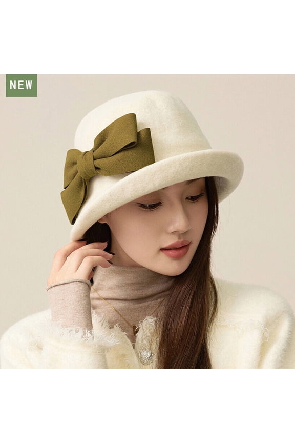 Elegant Vintage Wool Cloche Hat Women Wide Brim Felt Bucket Hat with Bow Accent