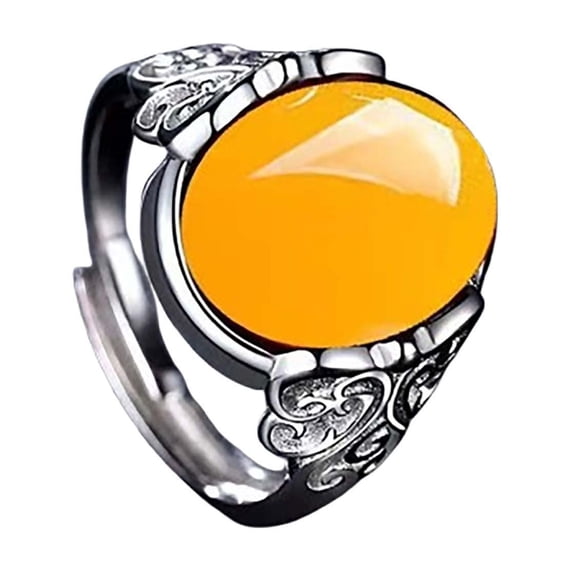 Elegant Vintage Yellow Gemstone Ring with Intricate Silver Detailing, Adjustable Size for Women for Special Occasions