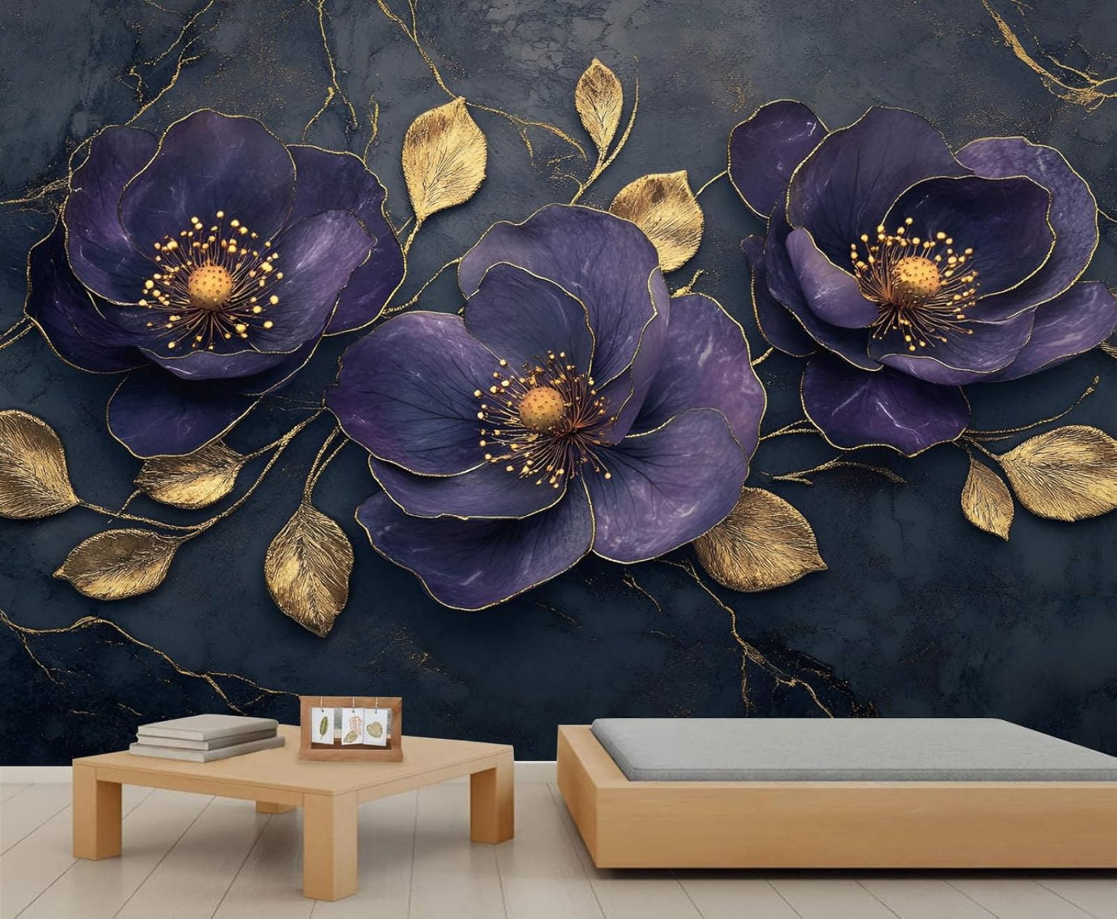 Elegant Violet Flowers Mural Wallpaper, Luxury Golden Leaves Wall Mural ...
