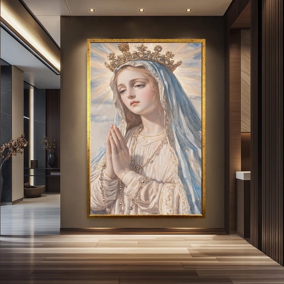 Elegant Virgin Mary Wall Art – Crowned Madonna Prayer Canvas – Catholic ...