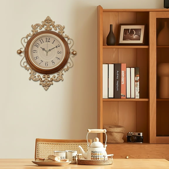 Elegant Wall Clock with Silent Sweep Movement, Hand-Painted Design, Large Numbers & Pearl Accents for Living Room, Office & Bedroom - Modern 8" Dial, Tanned Color