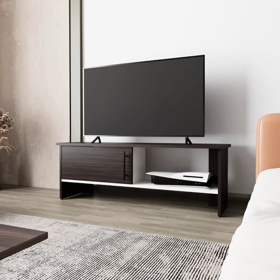 Elegant Walnut And White Entertainment Rack With Spacious Storage Facilities Stained Desk Trim Options