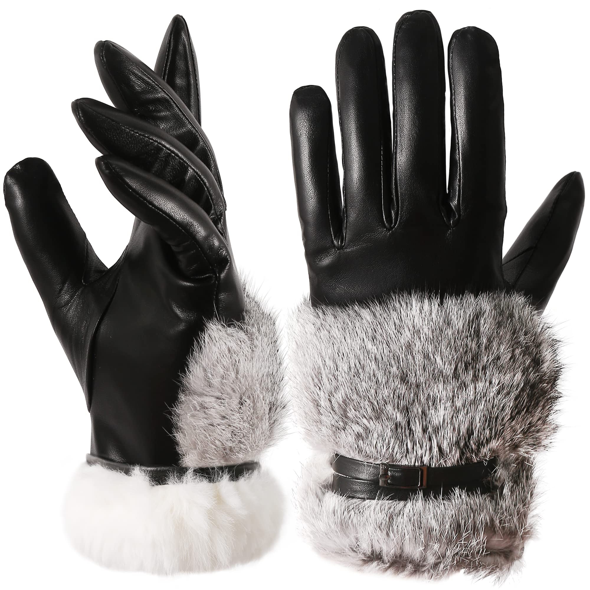 Elegant Warm Womens Rabbit Fur Lined Leather Gloves for Women