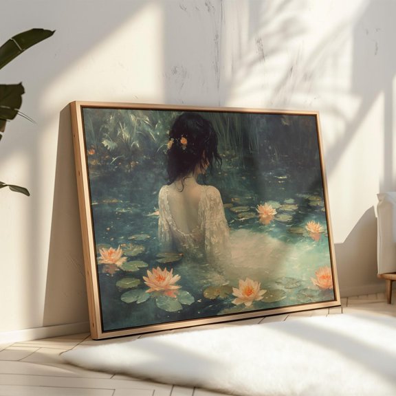 Elegant Water Lily Pond - Woman In Lace Dress Art - Romantic Nature Wall Decor For Tranquil Spaces Wall Art, Modern Wall Decor, 8x12 UNFRAMED