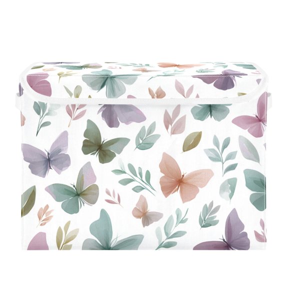 Elegant Watercolor Butterflies Leaves Foldable Storage Bins with Lids Handles Collapsible Storage Containers Tote Boxes 16.5 x 12.6 x 11.8 inches