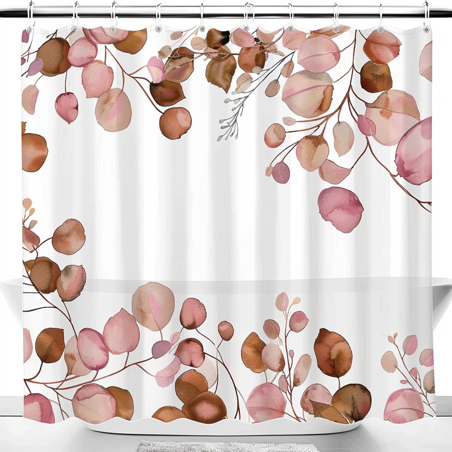 Elegant Watercolor Eucalyptus Leaves Shower Curtain Pink and Brown