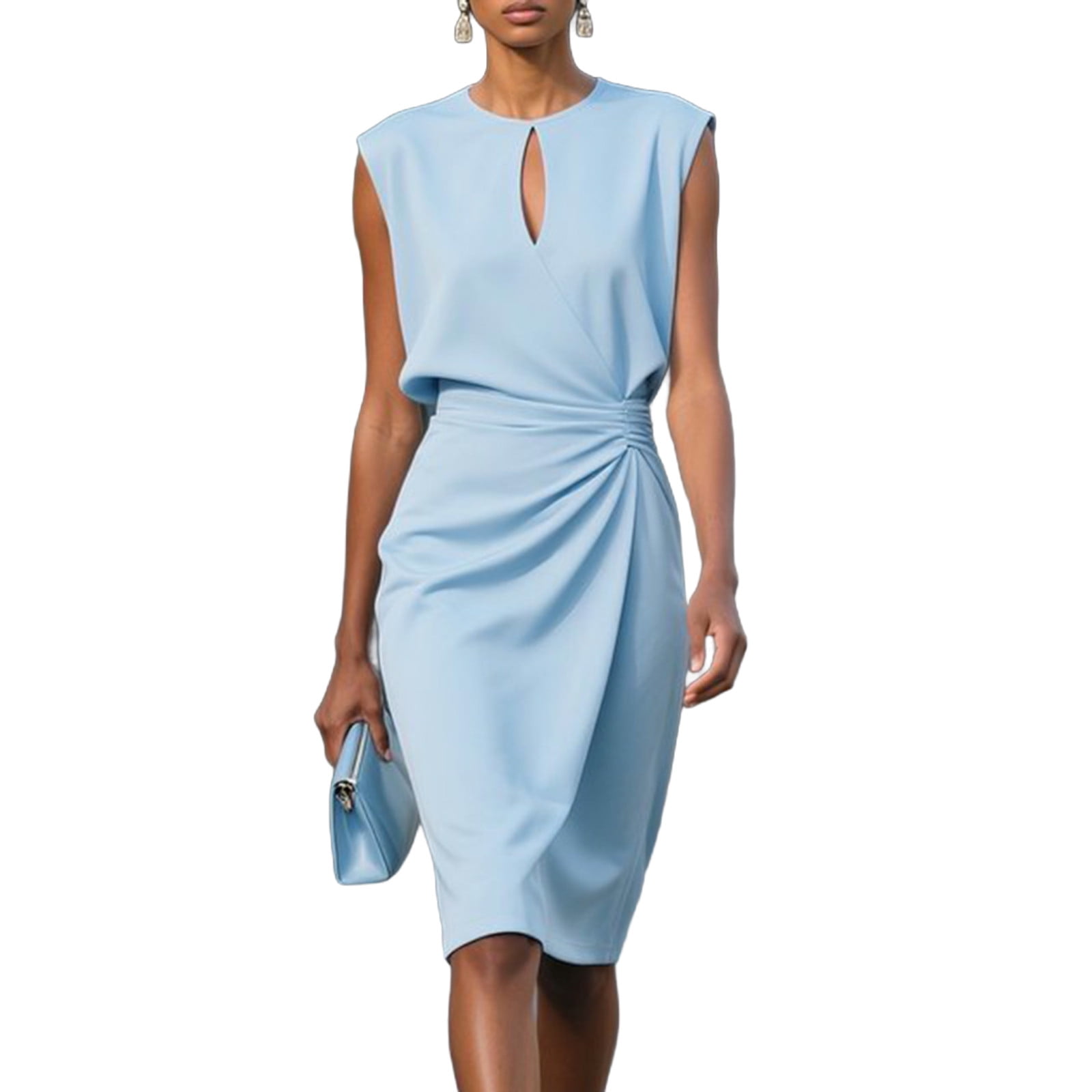 Elegant Wear to Work Dresses for Women Keyhole Sleeveless Sheath Bodycon Ruched Business Office Pencil Midi Dress